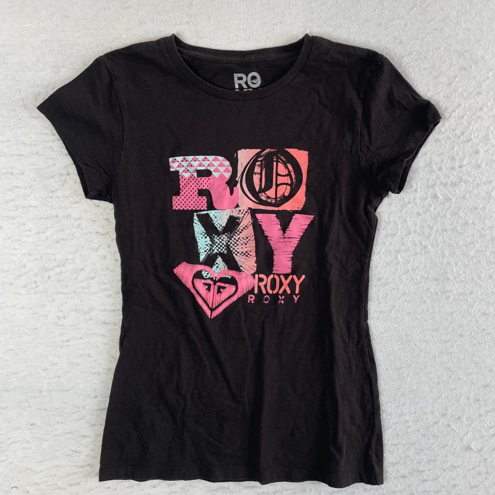 Roxy T-Shirt Womens Medium Black Graphic Print Short Sleeve Cotton Crew Neck